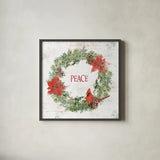 Wooded Holiday V Peace by Katie Pertiet. Shown in a sleek black glass frame for a contemporary gallery look. Available as an archival giclee rolled canvas, fine art paper, or poster print. SKU 59015a.