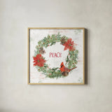 Wooded Holiday V Peace by Katie Pertiet. Shown in a natural wood glass frame for a timeless modern aesthetic. Available as an archival giclee rolled canvas, fine art paper, or poster print. SKU 59015a.