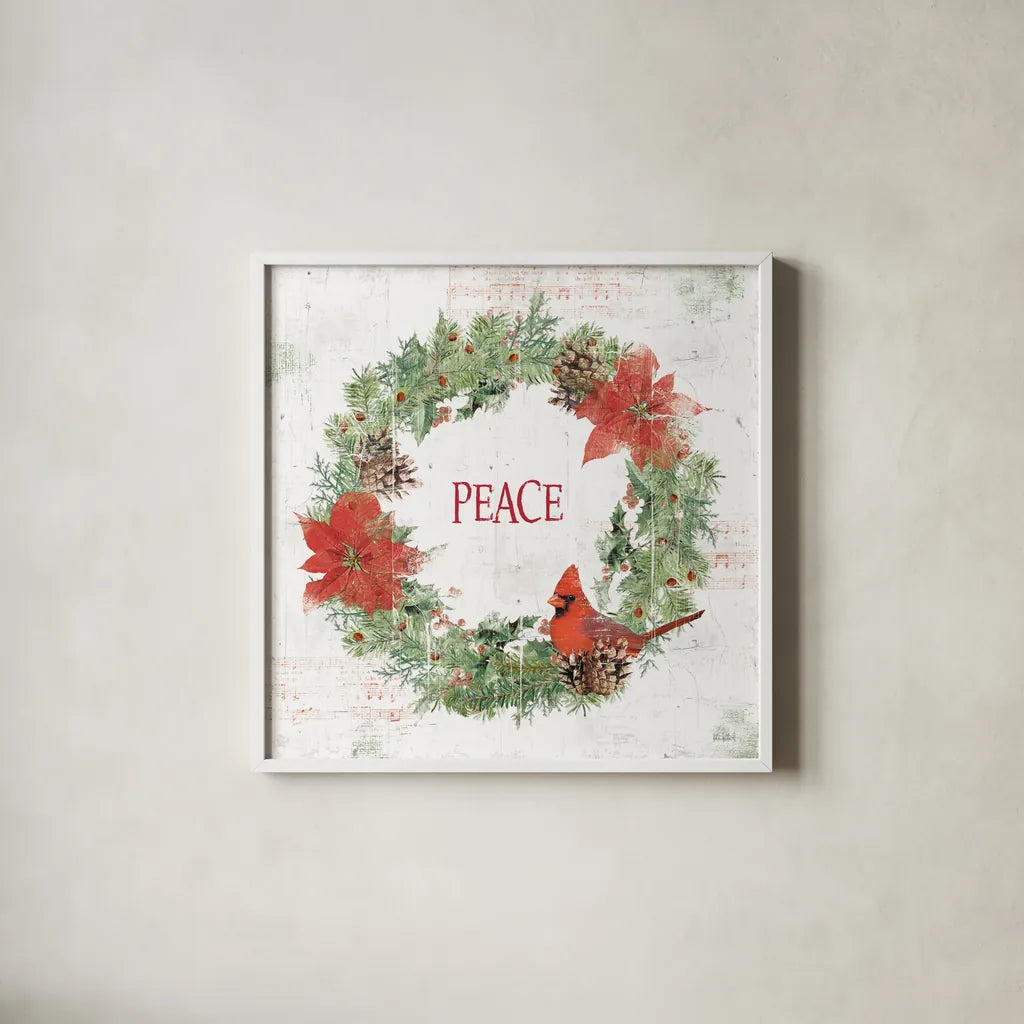 Wooded Holiday V Peace by Katie Pertiet. Shown in a crisp white glass frame for a clean and minimalist style. Available as an archival giclee rolled canvas, fine art paper, or poster print. SKU 59015a.