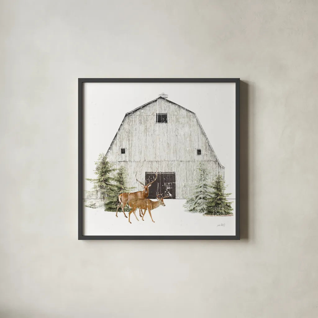 Wooded Holiday VI by Katie Pertiet. Shown in a sleek black glass frame for a contemporary gallery look. Available as an archival giclee rolled canvas, fine art paper, or poster print. SKU 52864a.