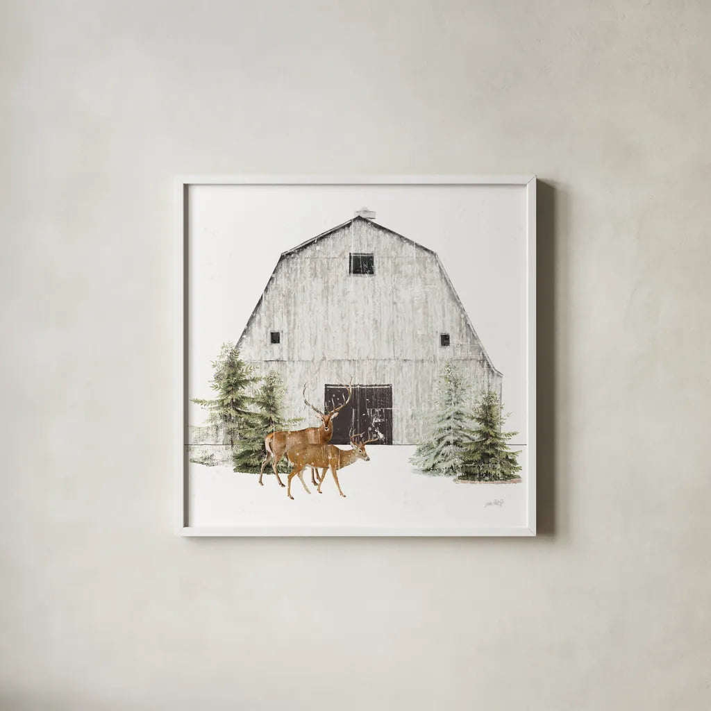 Wooded Holiday VI by Katie Pertiet. Shown in a crisp white glass frame for a clean and minimalist style. Available as an archival giclee rolled canvas, fine art paper, or poster print. SKU 52864a.