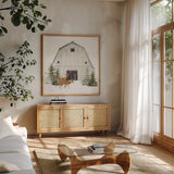 Wooded Holiday VI by Katie Pertiet. Shown in a natural wood frame in a cozy modern living room. Available as an archival giclee rolled canvas, fine art paper, or poster print. SKU 52864a.