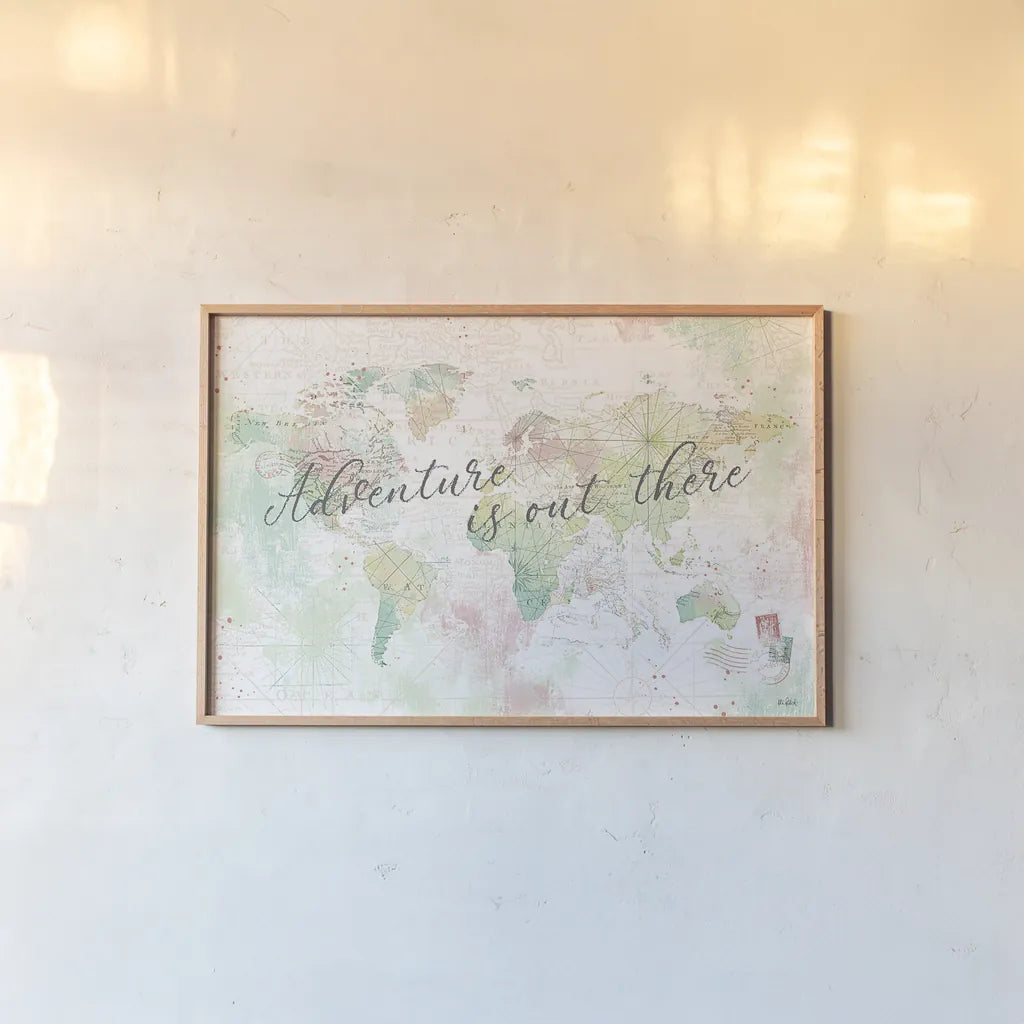 World Adventure I by Katie Pertiet. shown as a paper print in a natural frame. Available as a archival giclee rolled canvas, fine art paper, or poster print. SKU 44704i.