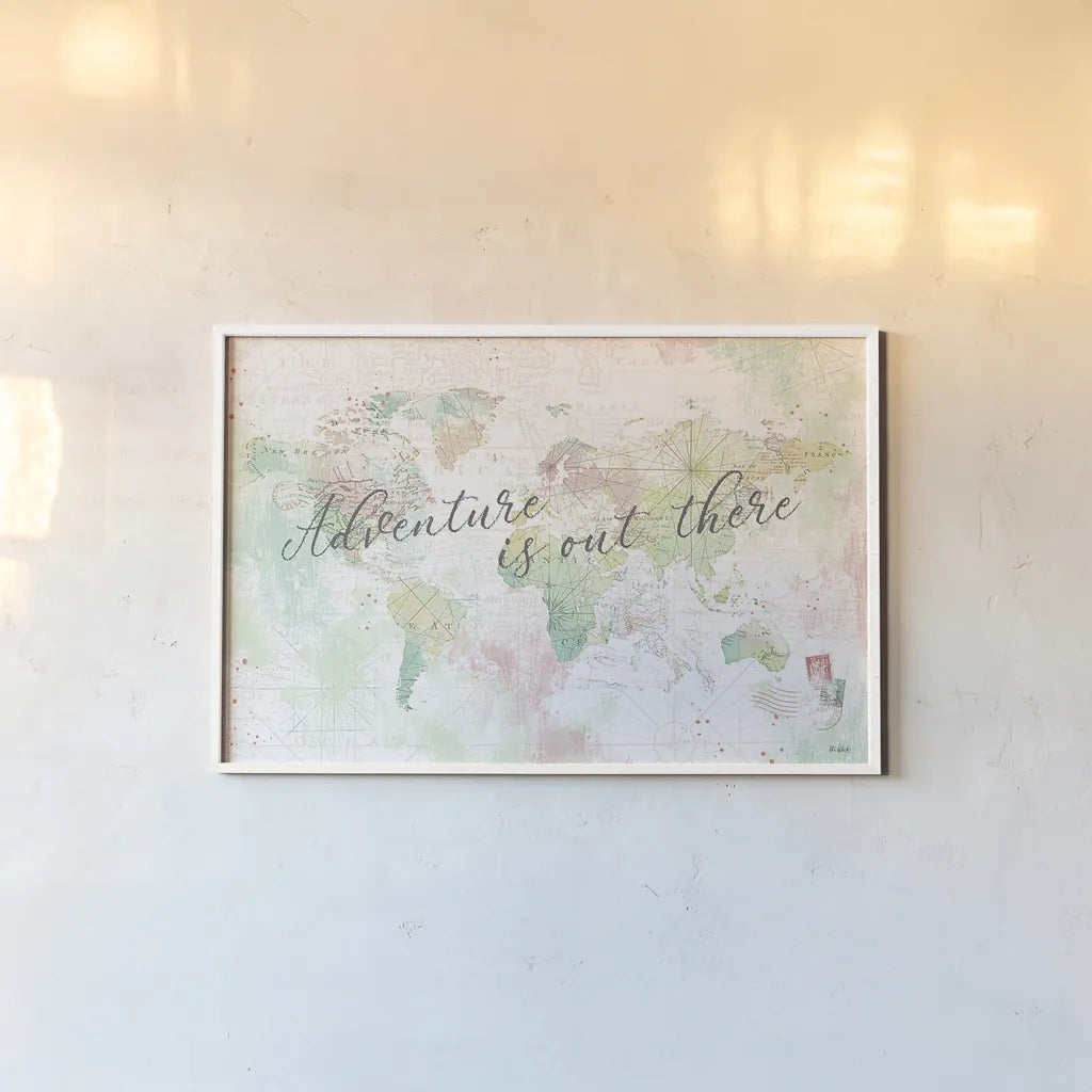 World Adventure I by Katie Pertiet. shown as a paper print in a white frame. Available as a archival giclee rolled canvas, fine art paper, or poster print. SKU 44704i.