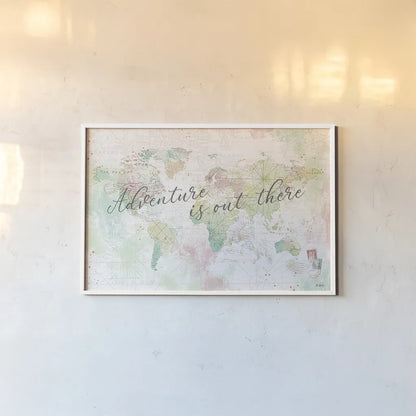 World Adventure I by Katie Pertiet. shown as a paper print in a white frame. Available as a archival giclee rolled canvas, fine art paper, or poster print. SKU 44704i.
