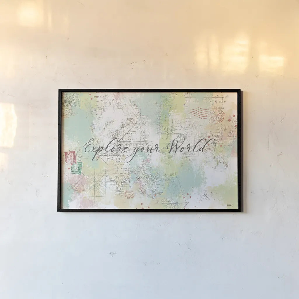 World Adventure II by Katie Pertiet. shown as a paper print in a black flame. Available as a archival giclee rolled canvas, fine art paper, or poster print. SKU 44705i.