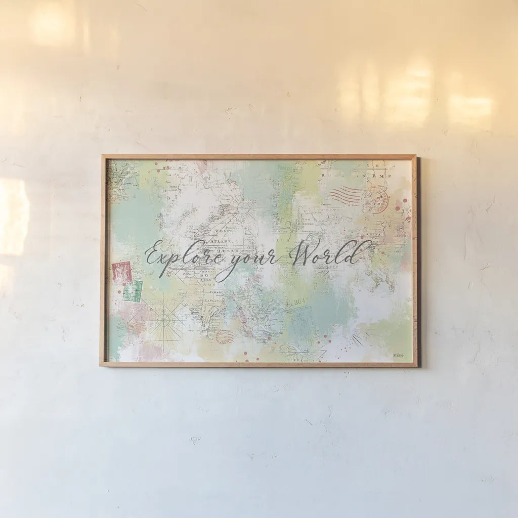 World Adventure II by Katie Pertiet. shown as a paper print in a natural frame. Available as a archival giclee rolled canvas, fine art paper, or poster print. SKU 44705i.