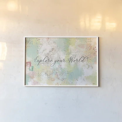 World Adventure II by Katie Pertiet. shown as a paper print in a white frame. Available as a archival giclee rolled canvas, fine art paper, or poster print. SKU 44705i.