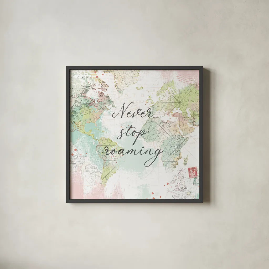 World Adventure III by Katie Pertiet. Shown in a sleek black glass frame for a contemporary gallery look. Available as an archival giclee rolled canvas, fine art paper, or poster print. SKU 44706a.