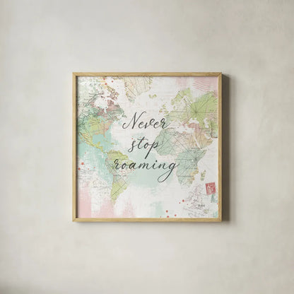 World Adventure III by Katie Pertiet. Shown in a natural wood glass frame for a timeless modern aesthetic. Available as an archival giclee rolled canvas, fine art paper, or poster print. SKU 44706a.