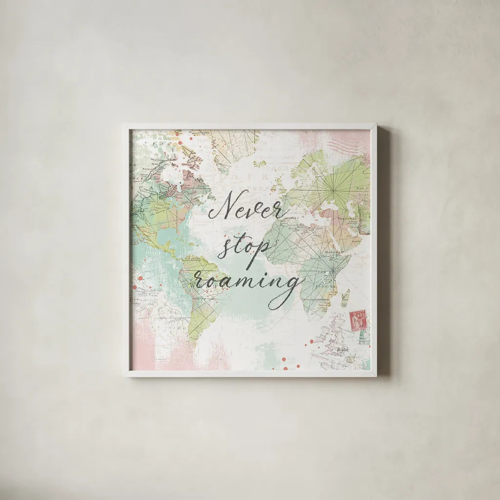 World Adventure III by Katie Pertiet. Shown in a crisp white glass frame for a clean and minimalist style. Available as an archival giclee rolled canvas, fine art paper, or poster print. SKU 44706a.