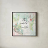 World Adventure IV by Katie Pertiet. Shown in a sleek black glass frame for a contemporary gallery look. Available as an archival giclee rolled canvas, fine art paper, or poster print. SKU 44707a.