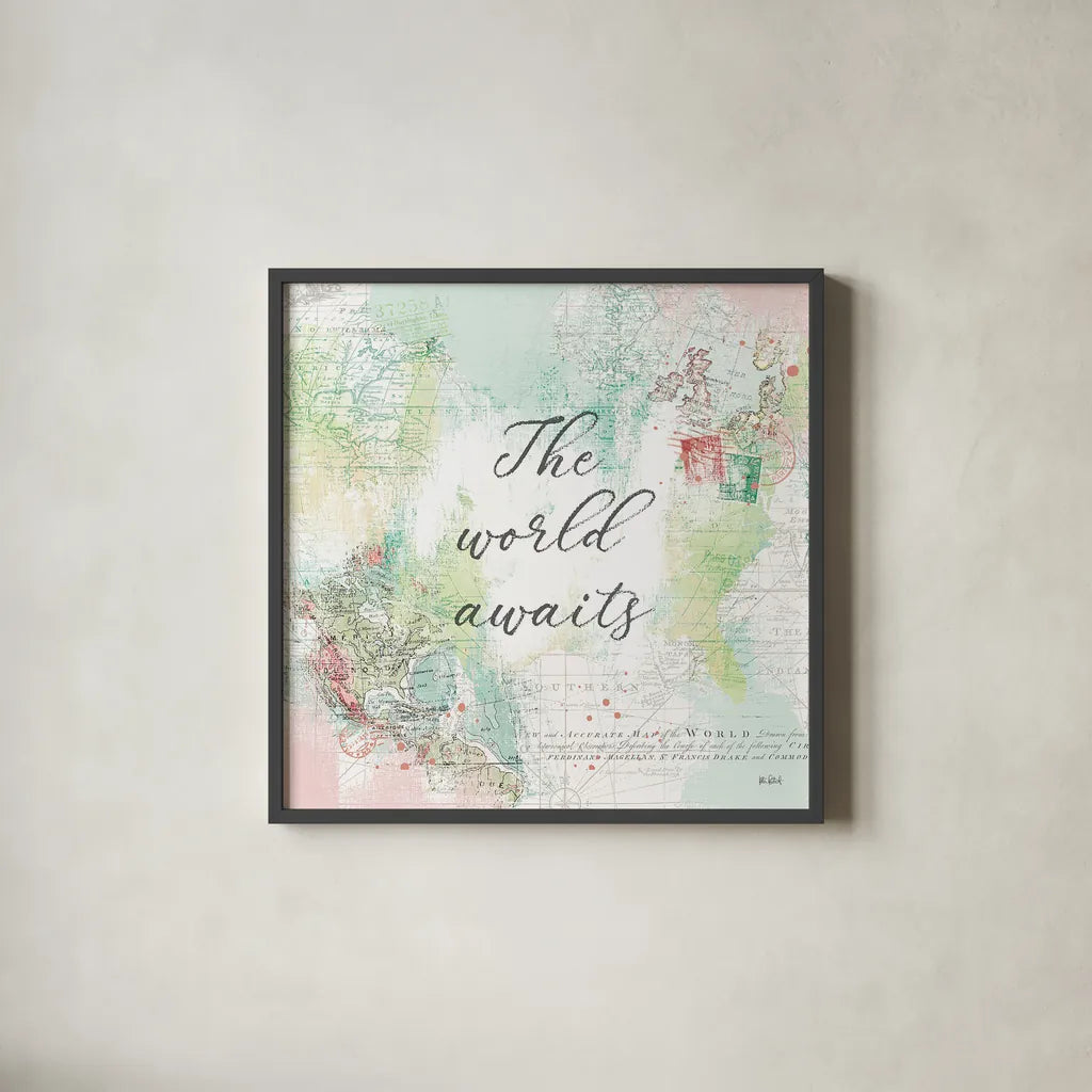 World Adventure IV by Katie Pertiet. Shown in a sleek black glass frame for a contemporary gallery look. Available as an archival giclee rolled canvas, fine art paper, or poster print. SKU 44707a.