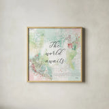 World Adventure IV by Katie Pertiet. Shown in a natural wood glass frame for a timeless modern aesthetic. Available as an archival giclee rolled canvas, fine art paper, or poster print. SKU 44707a.