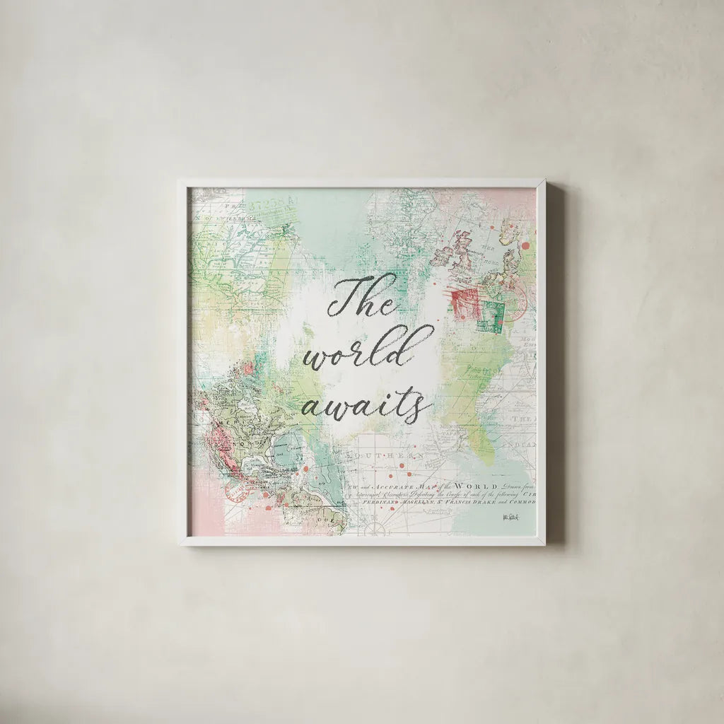 World Adventure IV by Katie Pertiet. Shown in a crisp white glass frame for a clean and minimalist style. Available as an archival giclee rolled canvas, fine art paper, or poster print. SKU 44707a.
