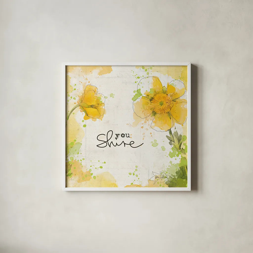 You Shine I by Katie Pertiet. Shown in a crisp white glass frame for a clean and minimalist style. Available as an archival giclee rolled canvas, fine art paper, or poster print. SKU 28809a.