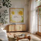 You Shine I by Katie Pertiet. Shown in a natural wood frame in a cozy modern living room. Available as an archival giclee rolled canvas, fine art paper, or poster print. SKU 28809a.