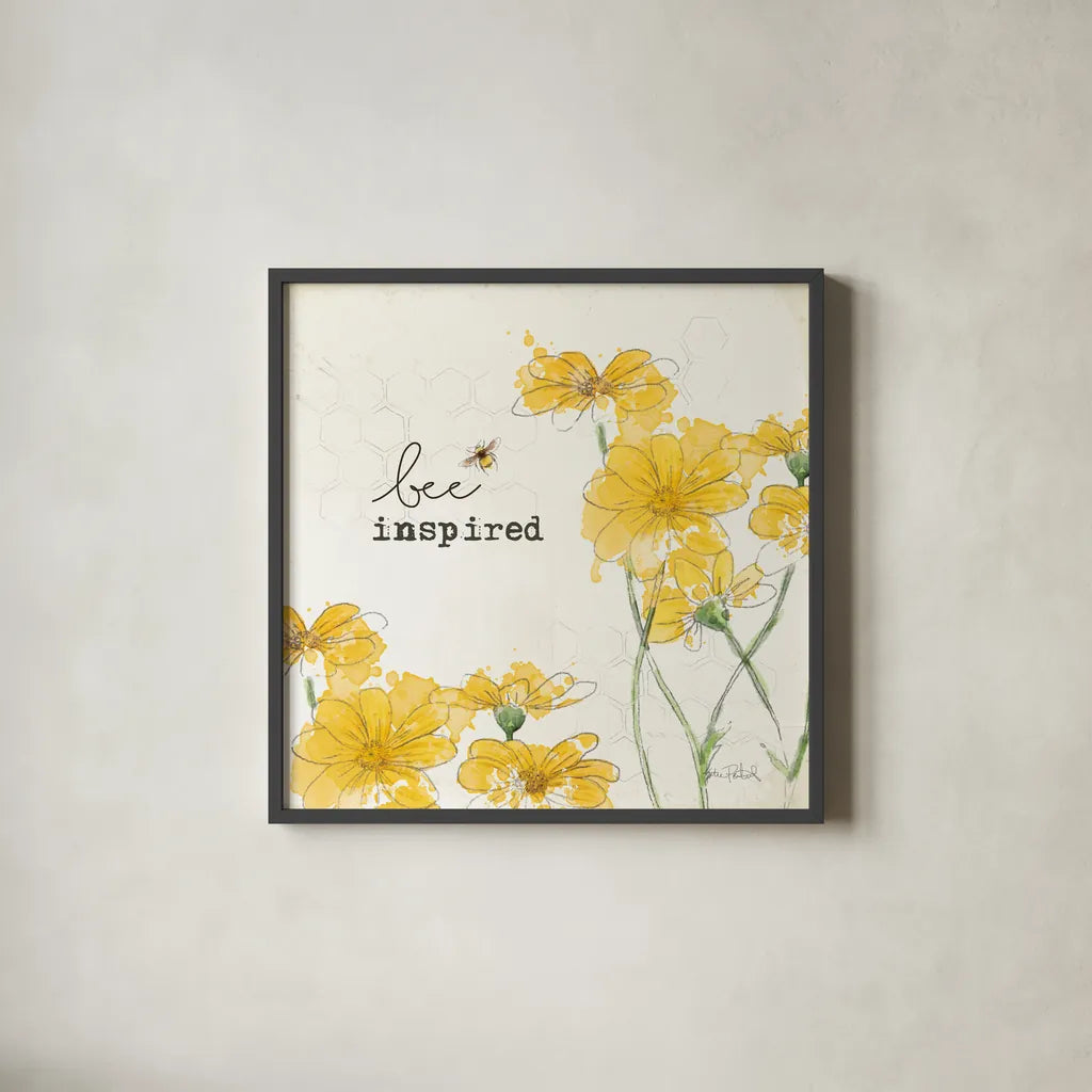 You Shine II Bee Inspired by Katie Pertiet. Shown in a sleek black glass frame for a contemporary gallery look. Available as an archival giclee rolled canvas, fine art paper, or poster print. SKU 82692a.
