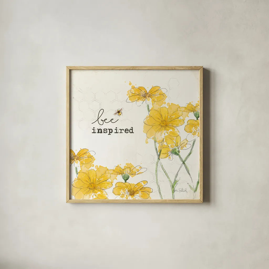 You Shine II Bee Inspired by Katie Pertiet. Shown in a natural wood glass frame for a timeless modern aesthetic. Available as an archival giclee rolled canvas, fine art paper, or poster print. SKU 82692a.