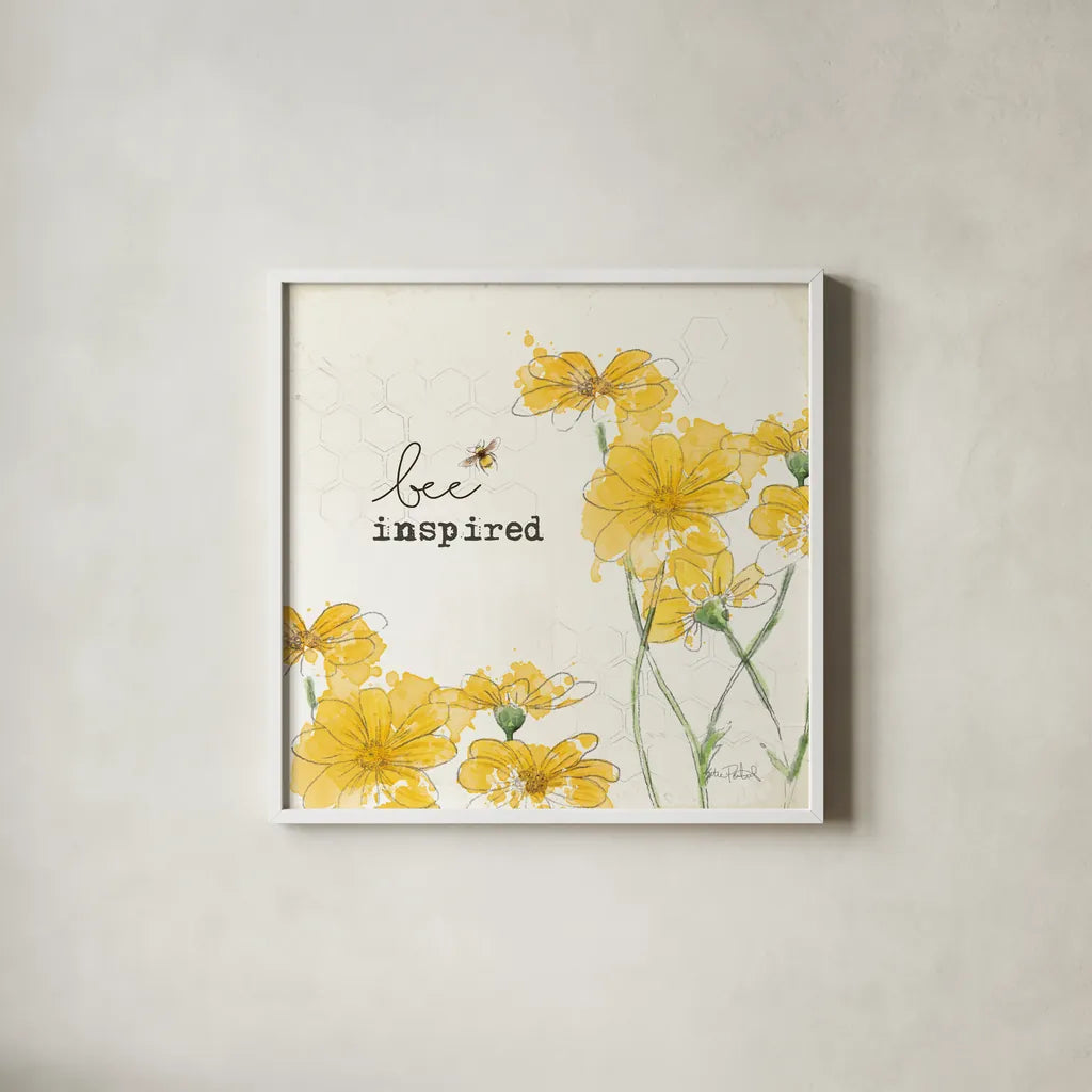 You Shine II Bee Inspired by Katie Pertiet. Shown in a crisp white glass frame for a clean and minimalist style. Available as an archival giclee rolled canvas, fine art paper, or poster print. SKU 82692a.
