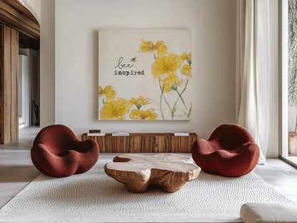 You Shine II Bee Inspired by Katie Pertiet. Shown as extra-large giant wall art in a modern living room. Available as an archival giclee rolled canvas, fine art paper, or poster print. SKU 82692a.