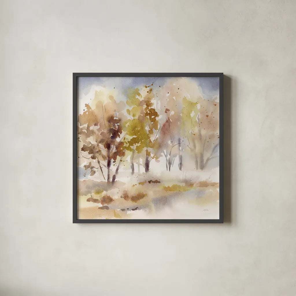 Autumn Grove by Katrina Pete. Shown in a sleek black glass frame for a contemporary gallery look. Available as an archival giclee rolled canvas, fine art paper, or poster print. SKU 82651a.
