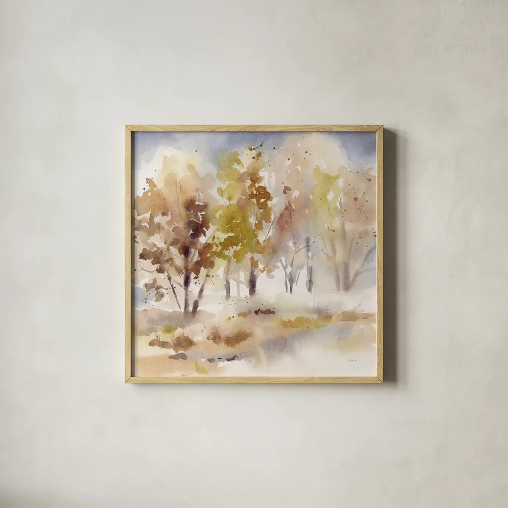 Autumn Grove by Katrina Pete. Shown in a natural wood glass frame for a timeless modern aesthetic. Available as an archival giclee rolled canvas, fine art paper, or poster print. SKU 82651a.