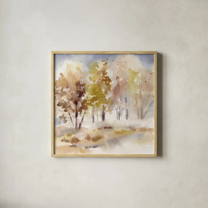 Autumn Grove by Katrina Pete. Shown in a natural wood glass frame for a timeless modern aesthetic. Available as an archival giclee rolled canvas, fine art paper, or poster print. SKU 82651a.