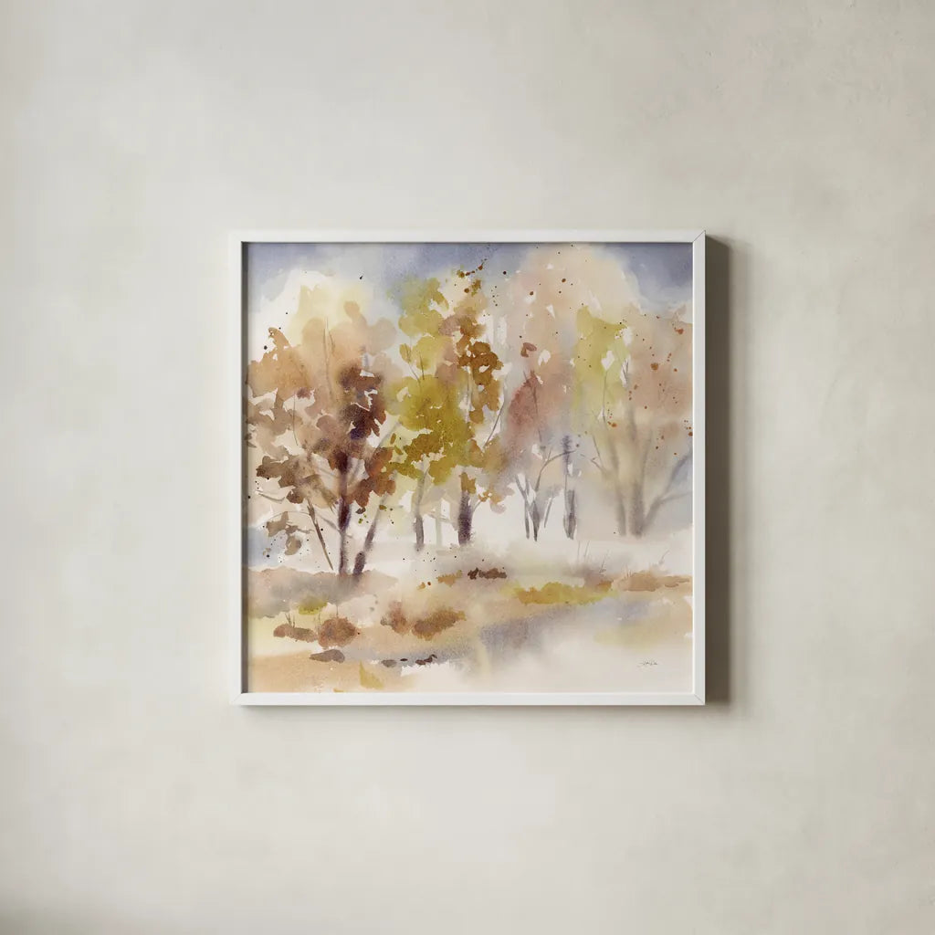Autumn Grove by Katrina Pete. Shown in a crisp white glass frame for a clean and minimalist style. Available as an archival giclee rolled canvas, fine art paper, or poster print. SKU 82651a.