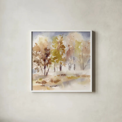 Autumn Grove by Katrina Pete. Shown in a crisp white glass frame for a clean and minimalist style. Available as an archival giclee rolled canvas, fine art paper, or poster print. SKU 82651a.