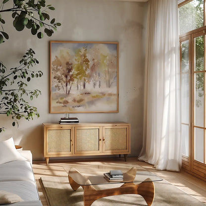 Autumn Grove by Katrina Pete. Shown in a natural wood frame in a cozy modern living room. Available as an archival giclee rolled canvas, fine art paper, or poster print. SKU 82651a.