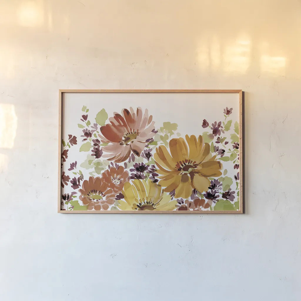 Autumn Joy I by Katrina Pete. shown as a paper print in a natural frame. Available as a archival giclee rolled canvas, fine art paper, or poster print. SKU 91181i.