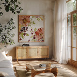 Autumn Joy III by Katrina Pete. Shown in a natural wood frame in a cozy modern living room. Available as an archival giclee rolled canvas, fine art paper, or poster print. SKU 91183a.