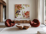 Autumn Joy III by Katrina Pete. Shown as extra-large giant wall art in a modern living room. Available as an archival giclee rolled canvas, fine art paper, or poster print. SKU 91183a.