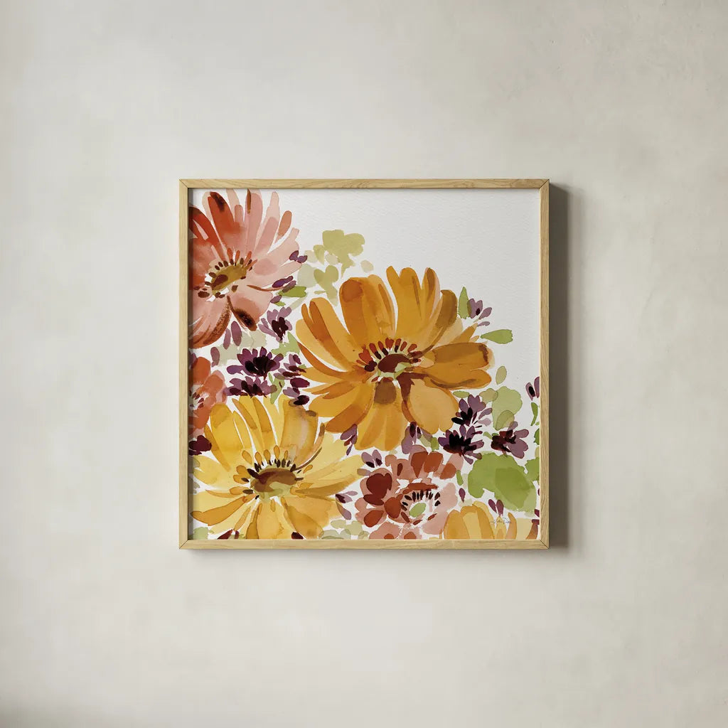 Autumn Joy IV by Katrina Pete. Shown in a natural wood glass frame for a timeless modern aesthetic. Available as an archival giclee rolled canvas, fine art paper, or poster print. SKU 91184a.