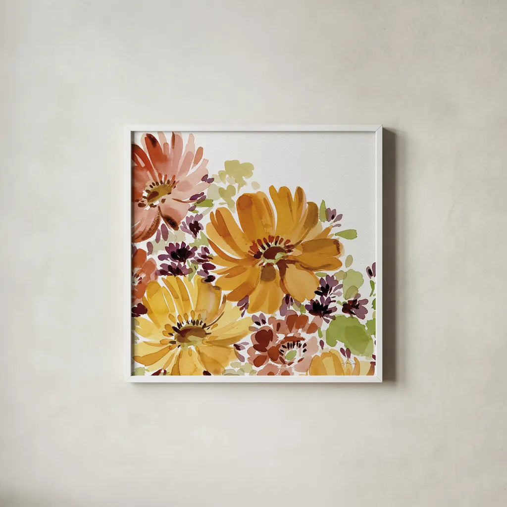 Autumn Joy IV by Katrina Pete. Shown in a crisp white glass frame for a clean and minimalist style. Available as an archival giclee rolled canvas, fine art paper, or poster print. SKU 91184a.