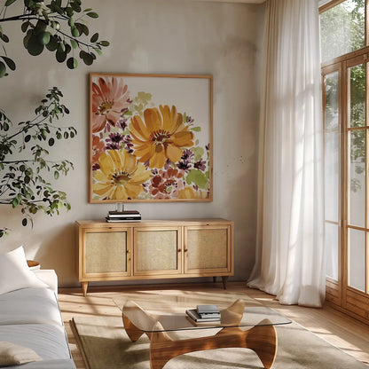 Autumn Joy IV by Katrina Pete. Shown in a natural wood frame in a cozy modern living room. Available as an archival giclee rolled canvas, fine art paper, or poster print. SKU 91184a.