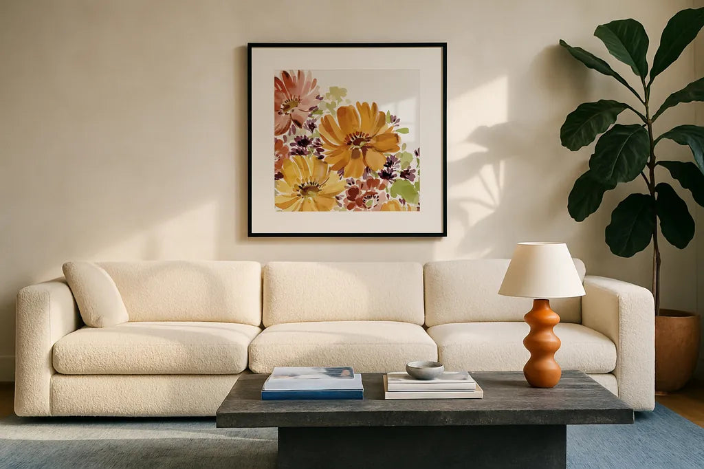 Autumn Joy IV by Katrina Pete. Displayed in a glass frame with matte in a clean modern living room. Available as an archival giclee rolled canvas, fine art paper, or poster print. SKU 91184a.