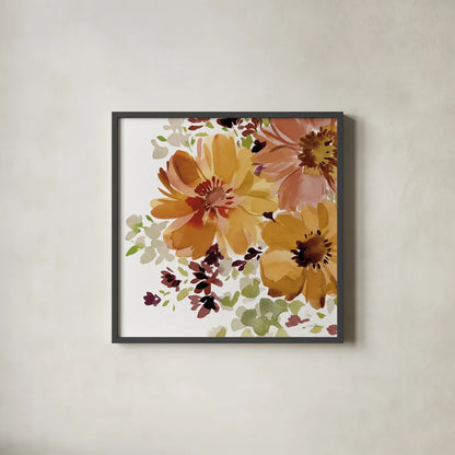 Autumn Joy V by Katrina Pete. Shown in a sleek black glass frame for a contemporary gallery look. Available as an archival giclee rolled canvas, fine art paper, or poster print. SKU 91185a.