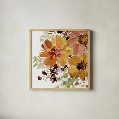 Autumn Joy V by Katrina Pete. Shown in a natural wood glass frame for a timeless modern aesthetic. Available as an archival giclee rolled canvas, fine art paper, or poster print. SKU 91185a.