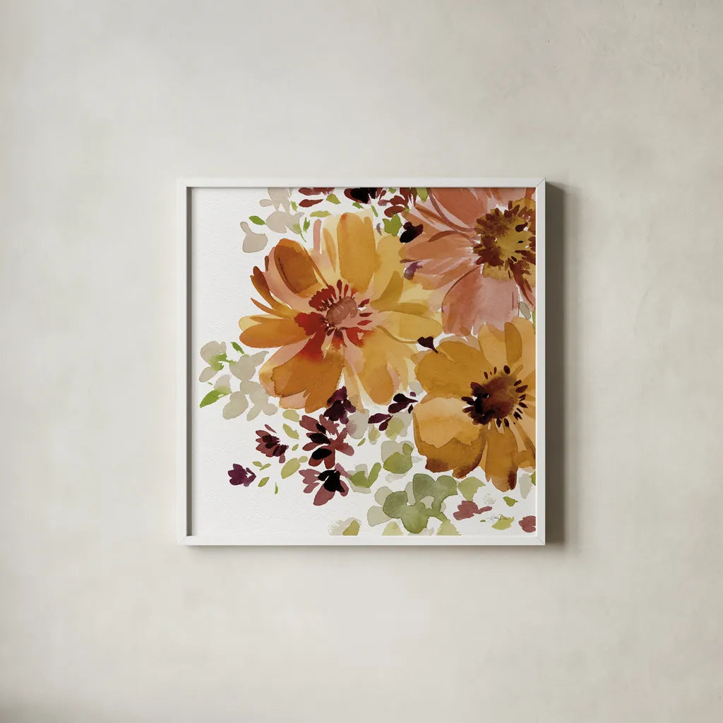 Autumn Joy V by Katrina Pete. Shown in a crisp white glass frame for a clean and minimalist style. Available as an archival giclee rolled canvas, fine art paper, or poster print. SKU 91185a.