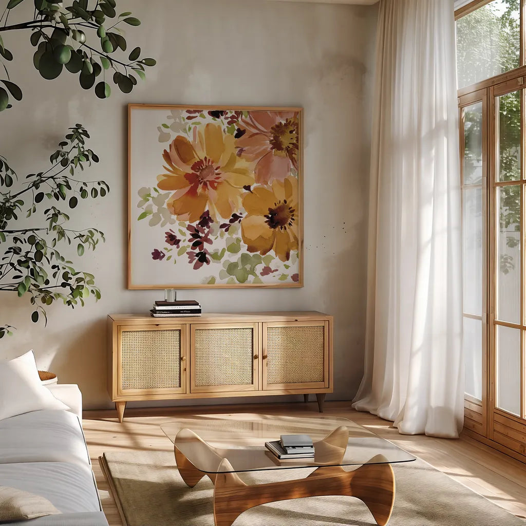 Autumn Joy V by Katrina Pete. Shown in a natural wood frame in a cozy modern living room. Available as an archival giclee rolled canvas, fine art paper, or poster print. SKU 91185a.