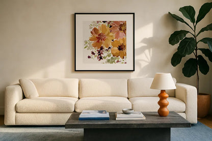 Autumn Joy V by Katrina Pete. Displayed in a glass frame with matte in a clean modern living room. Available as an archival giclee rolled canvas, fine art paper, or poster print. SKU 91185a.