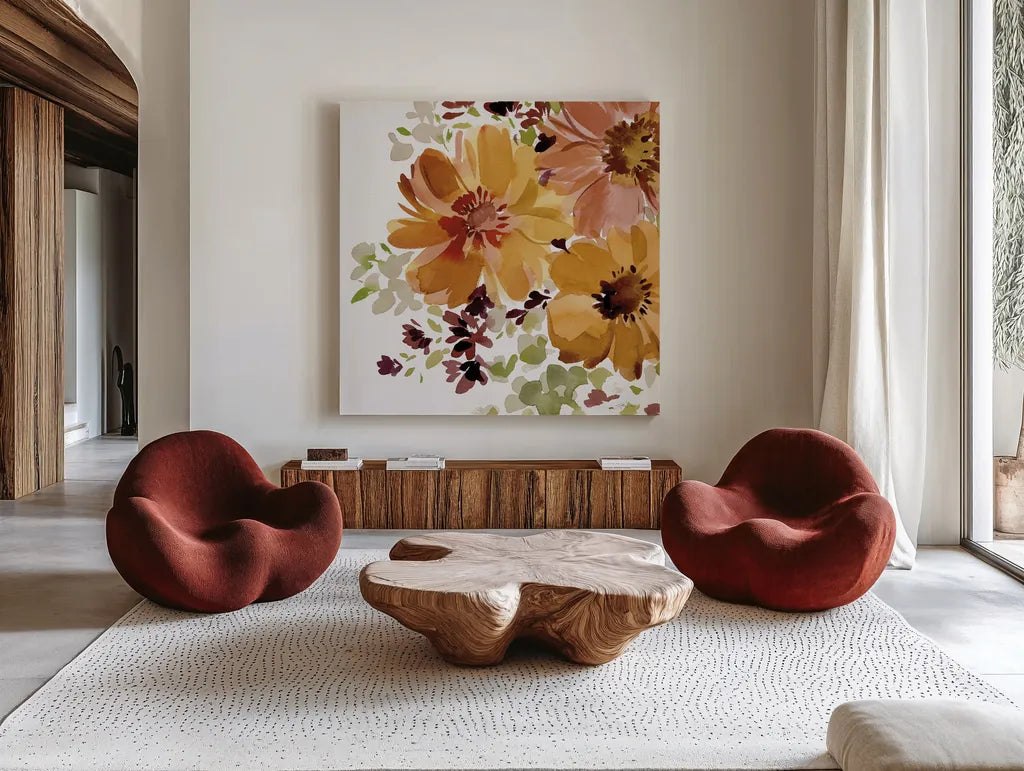 Autumn Joy V by Katrina Pete. Shown as extra-large giant wall art in a modern living room. Available as an archival giclee rolled canvas, fine art paper, or poster print. SKU 91185a.