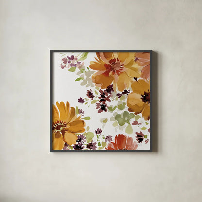 Autumn Joy VI by Katrina Pete. Shown in a sleek black glass frame for a contemporary gallery look. Available as an archival giclee rolled canvas, fine art paper, or poster print. SKU 91186a.