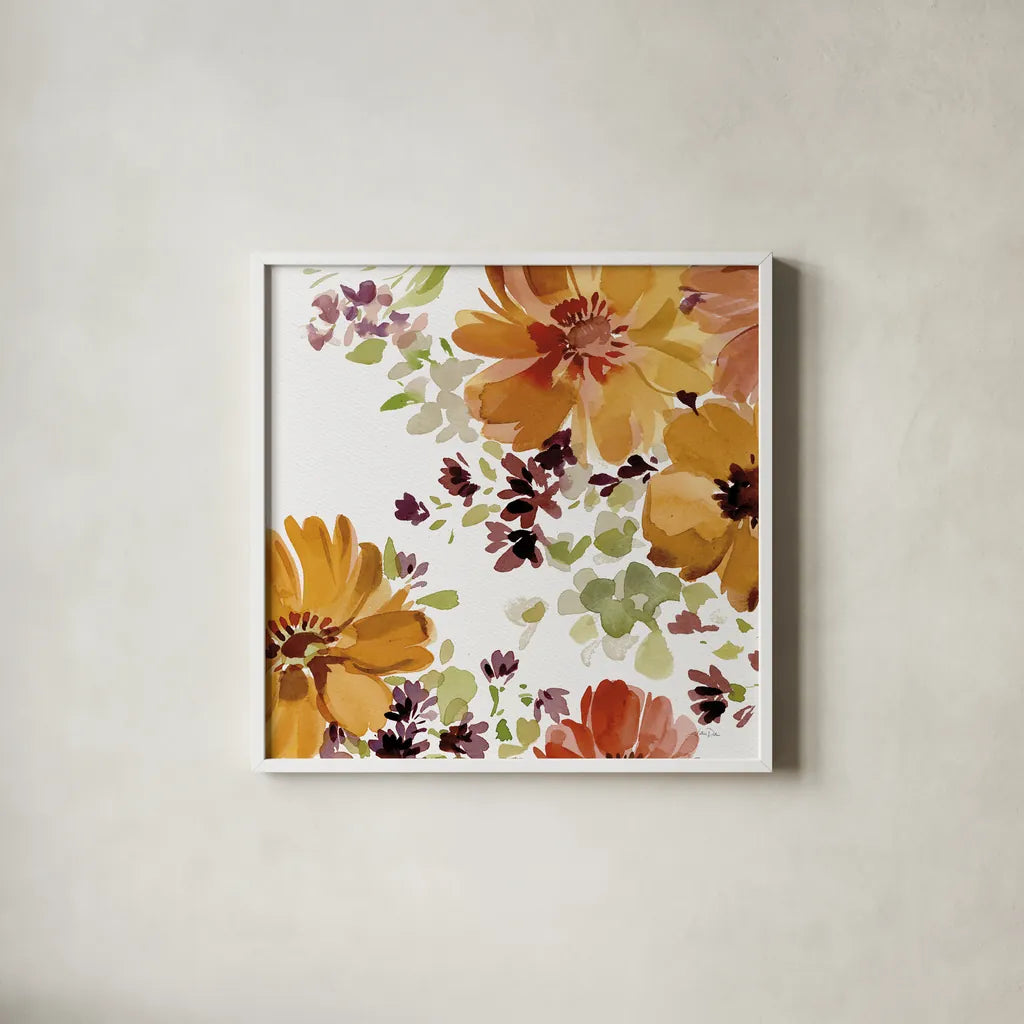 Autumn Joy VI by Katrina Pete. Shown in a crisp white glass frame for a clean and minimalist style. Available as an archival giclee rolled canvas, fine art paper, or poster print. SKU 91186a.