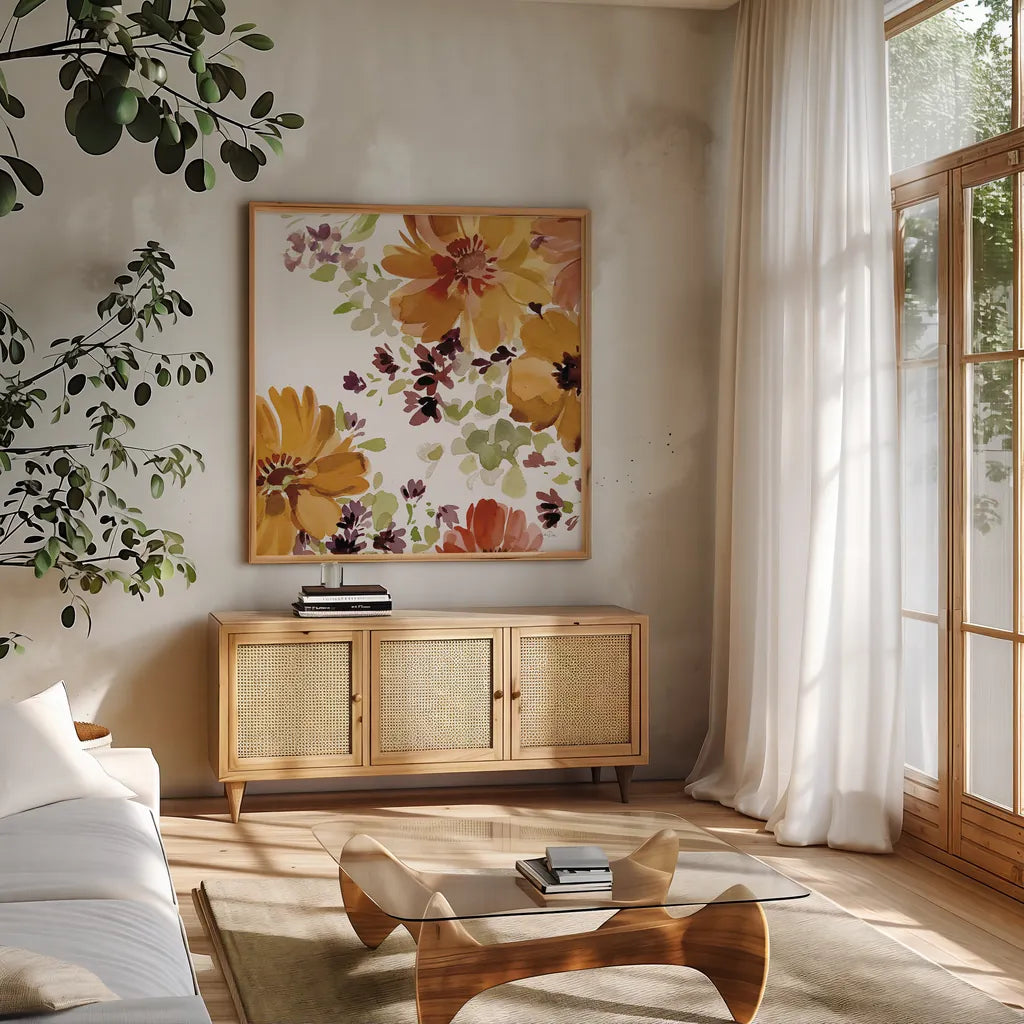 Autumn Joy VI by Katrina Pete. Shown in a natural wood frame in a cozy modern living room. Available as an archival giclee rolled canvas, fine art paper, or poster print. SKU 91186a.