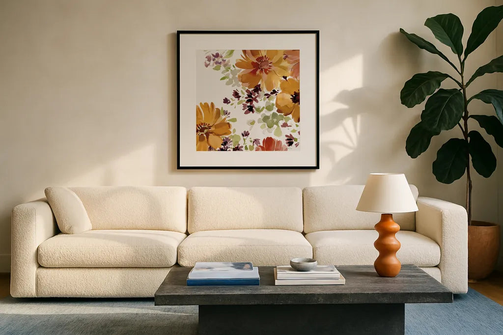 Autumn Joy VI by Katrina Pete. Displayed in a glass frame with matte in a clean modern living room. Available as an archival giclee rolled canvas, fine art paper, or poster print. SKU 91186a.