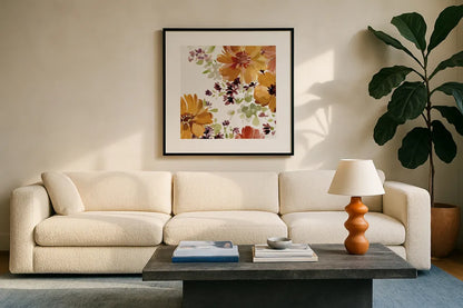Autumn Joy VI by Katrina Pete. Displayed in a glass frame with matte in a clean modern living room. Available as an archival giclee rolled canvas, fine art paper, or poster print. SKU 91186a.