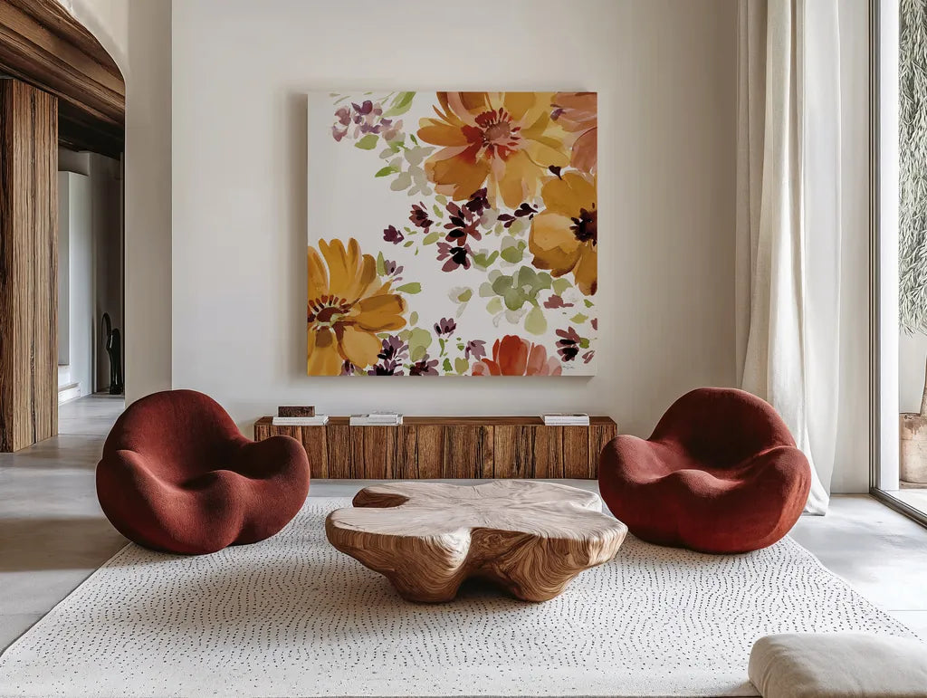 Autumn Joy VI by Katrina Pete. Shown as extra-large giant wall art in a modern living room. Available as an archival giclee rolled canvas, fine art paper, or poster print. SKU 91186a.